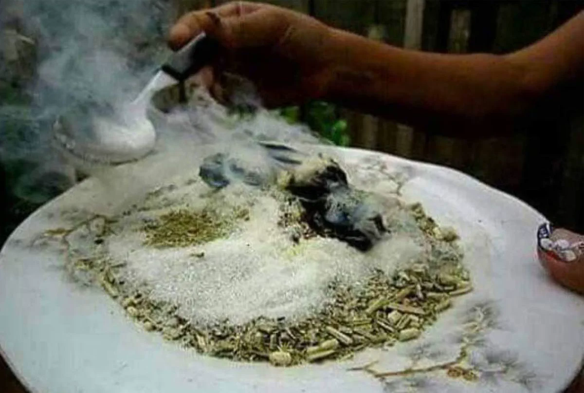 Una mano sostiene una cuchara mientras echa azucar sobre brasas con yerba mate humeando en un plato.