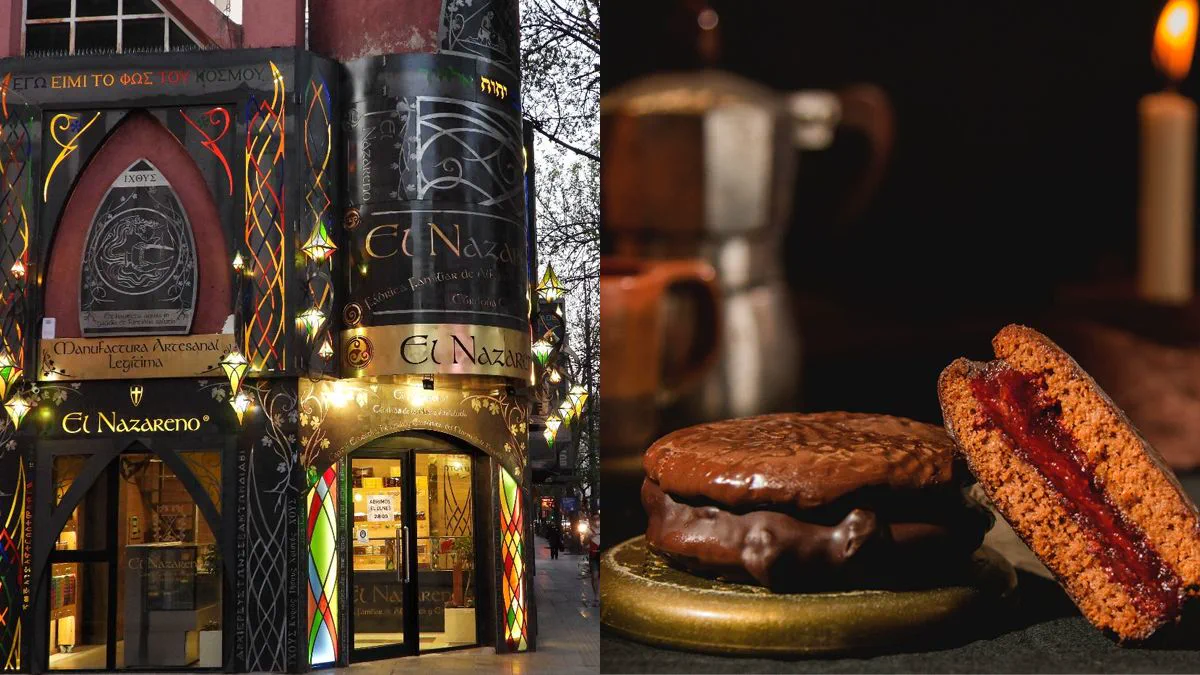 Fachada iluminada del local de alfajores El Nazareno junto a un alfajor relleno cortado al medio.