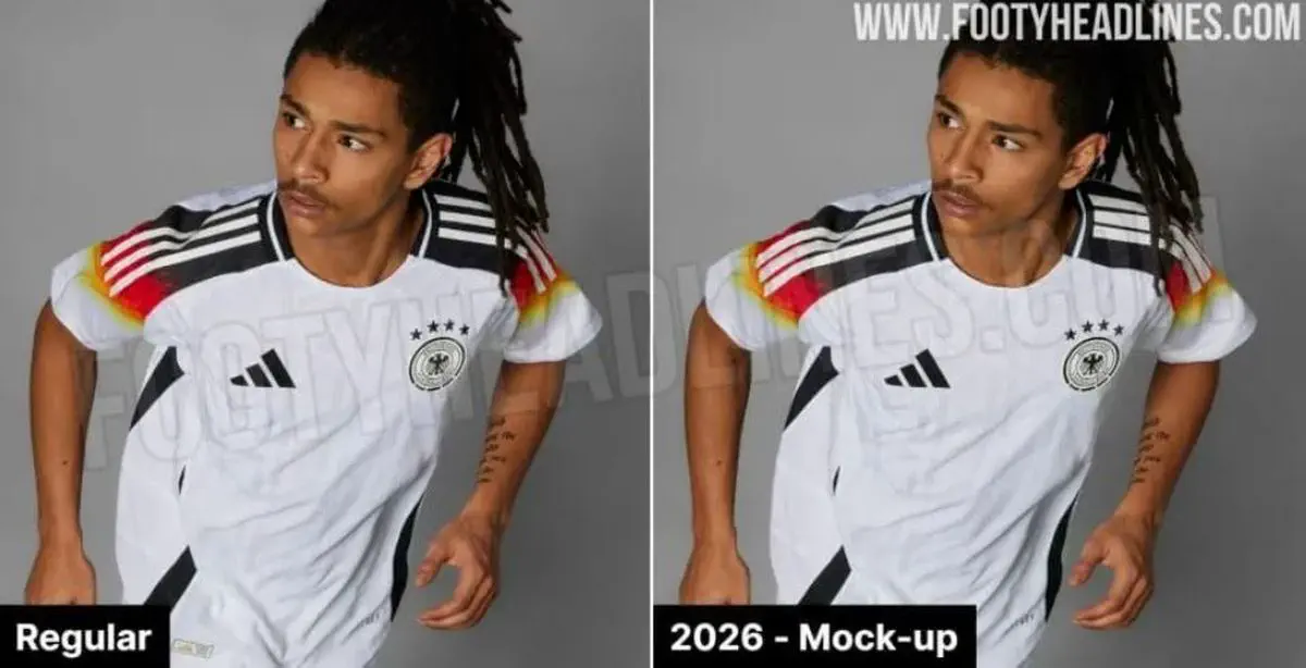 Un futbolista con rastas posa de frente con la camiseta de la selección de Alemania en una comparativa.