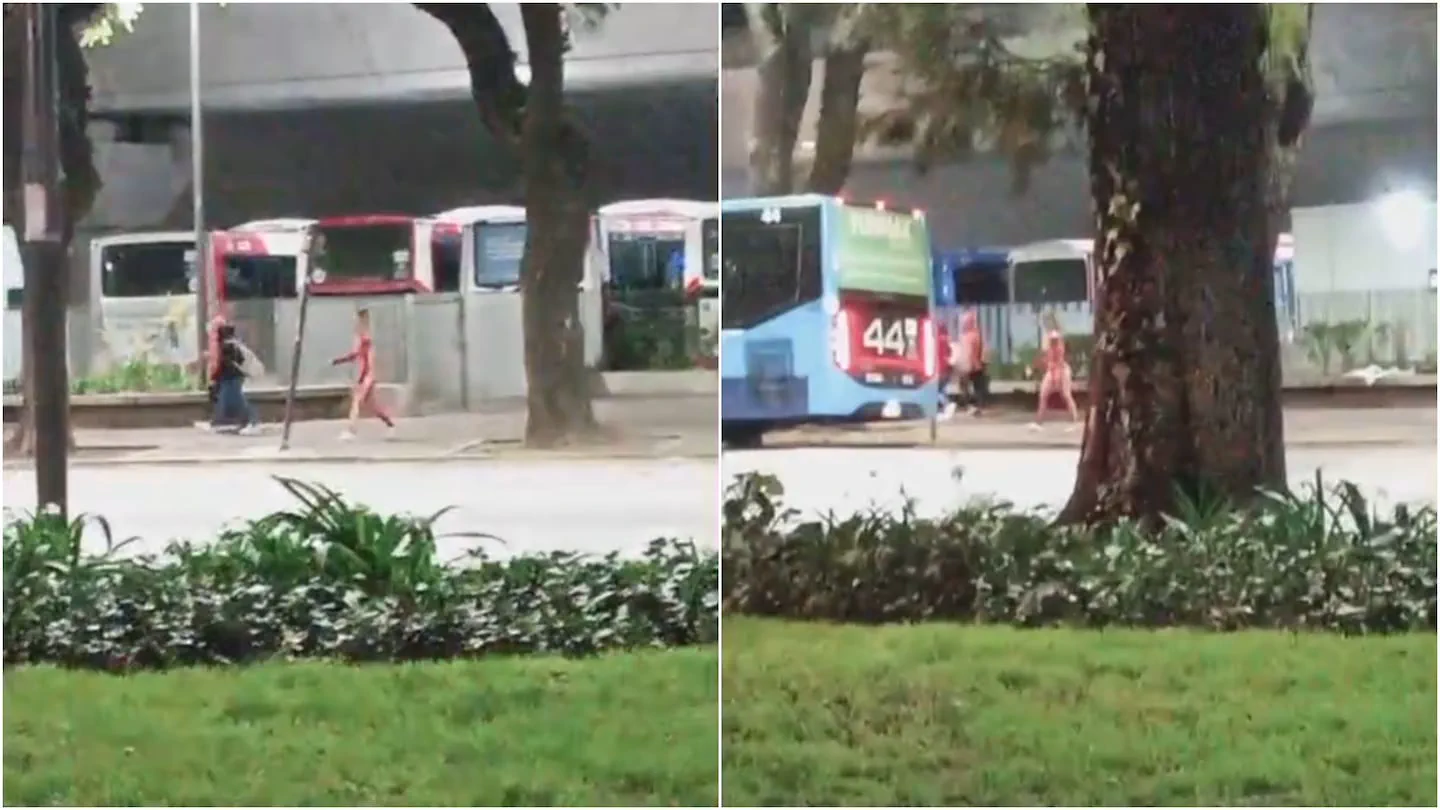 Secuencia partida de una persona caminando cerca de colectivos de la línea 44 junto a una avenida.