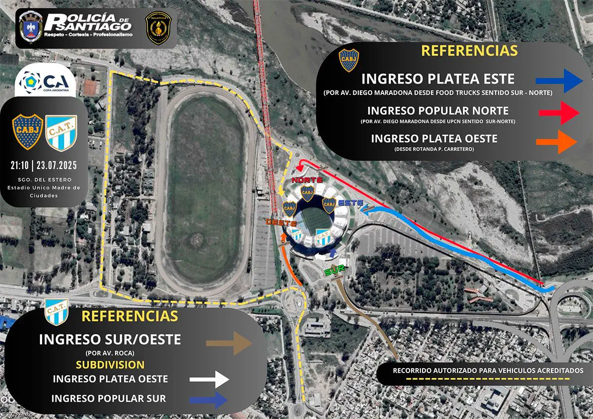 Mapa aéreo de accesos al Estadio Único Madre de Ciudades con indicaciones viales para Boca Juniors y Atlético Tucumán.