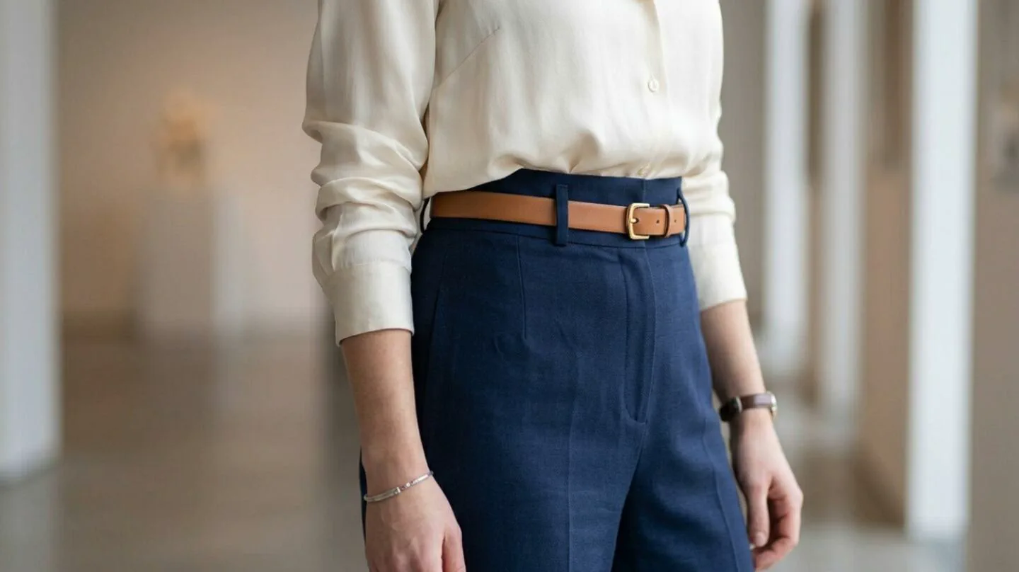 Una persona viste una camisa clara y un pantalón azul con cinturón marrón de hebilla dorada.