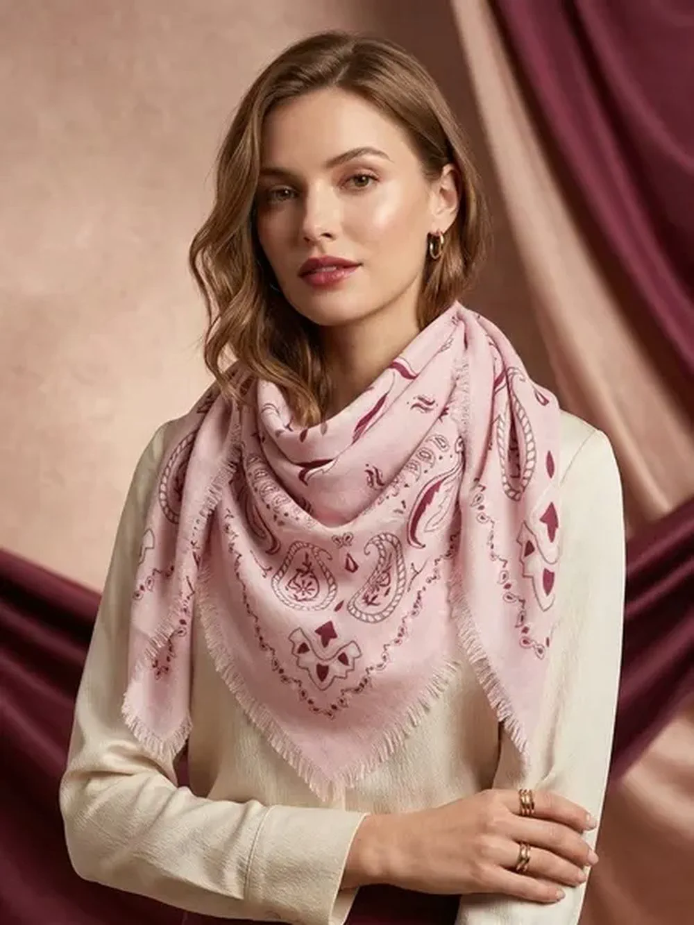 Una mujer rubia viste un panuelo rosado estampado con flecos anudado al cuello y posa mirando hacia adelante.