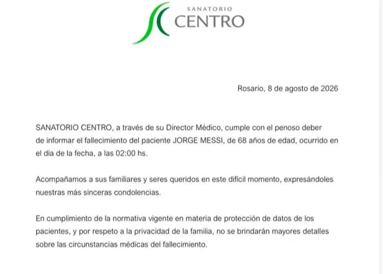 Un parte médico con membrete de Sanatorio Centro comunica el fallecimiento de Jorge Messi.