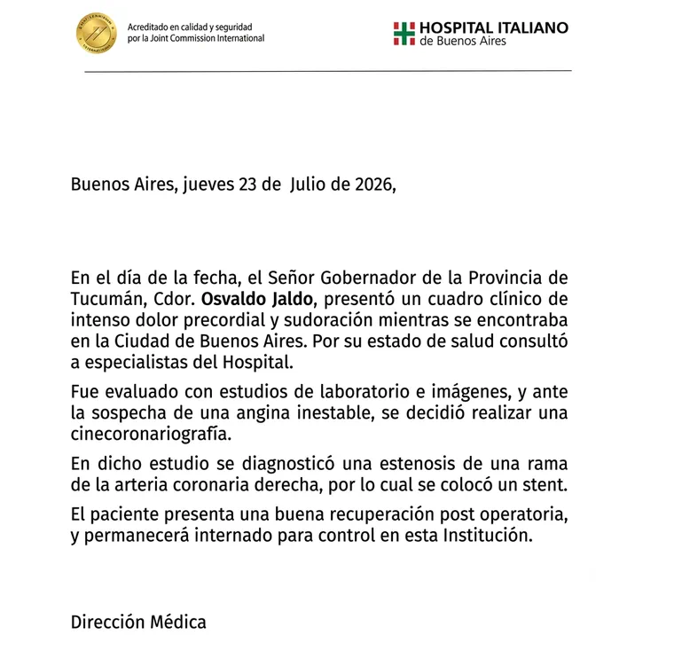 Un comunicado médico del Hospital Italiano sobre la salud del gobernador Osvaldo Jaldo.