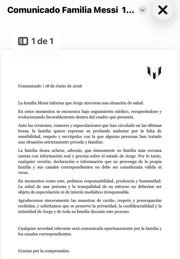 Un comunicado oficial impreso de la familia Messi fechado el 18 de junio de 2026 sobre la salud de Jorge Messi.