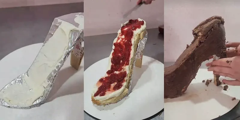 Secuencia de tres fotos que muestra el armado y relleno de una torta con forma de zapato de taco alto.