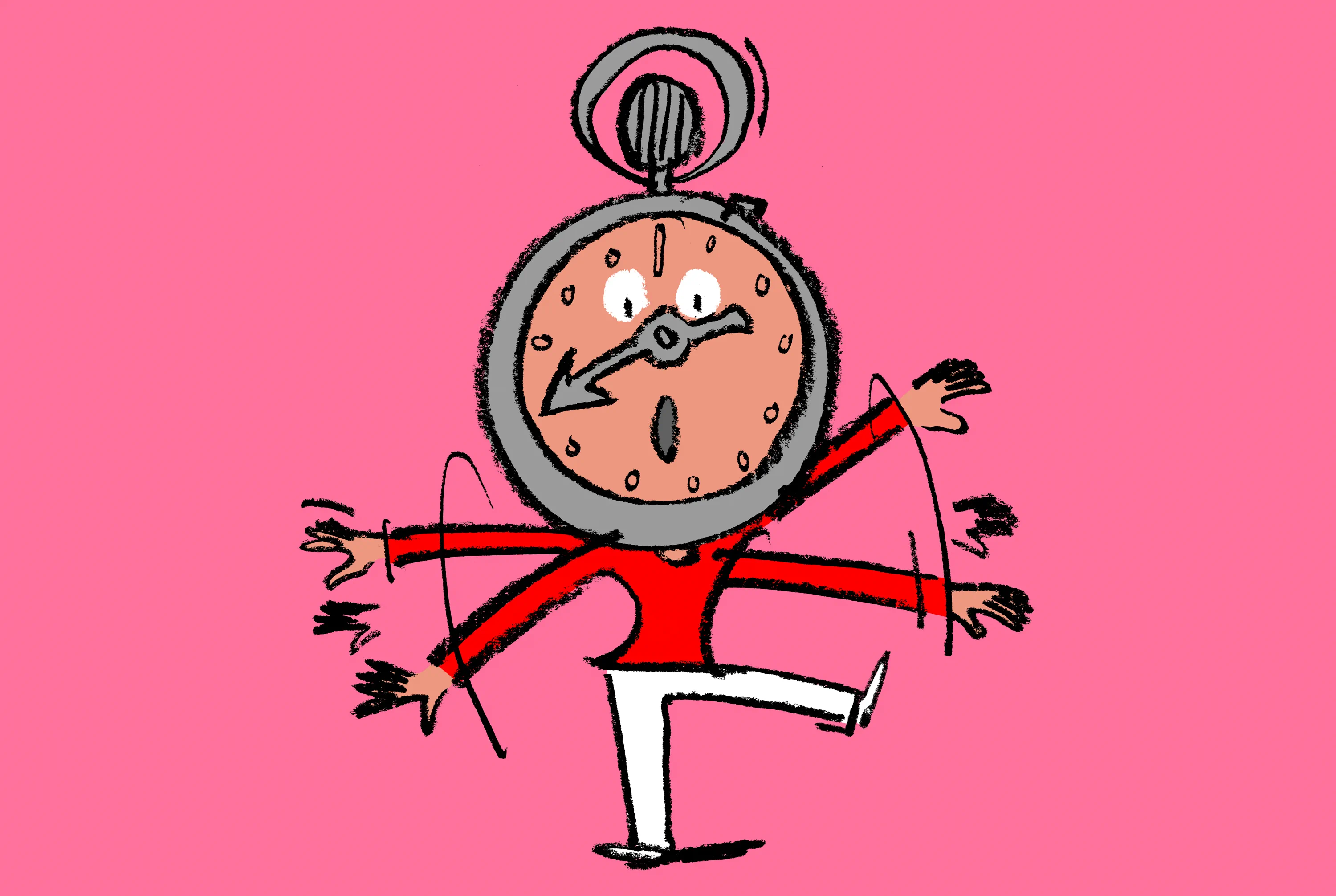 Dibujo de una figura con cabeza de cronometro, seis brazos en movimiento y remera roja sobre fondo rosa.