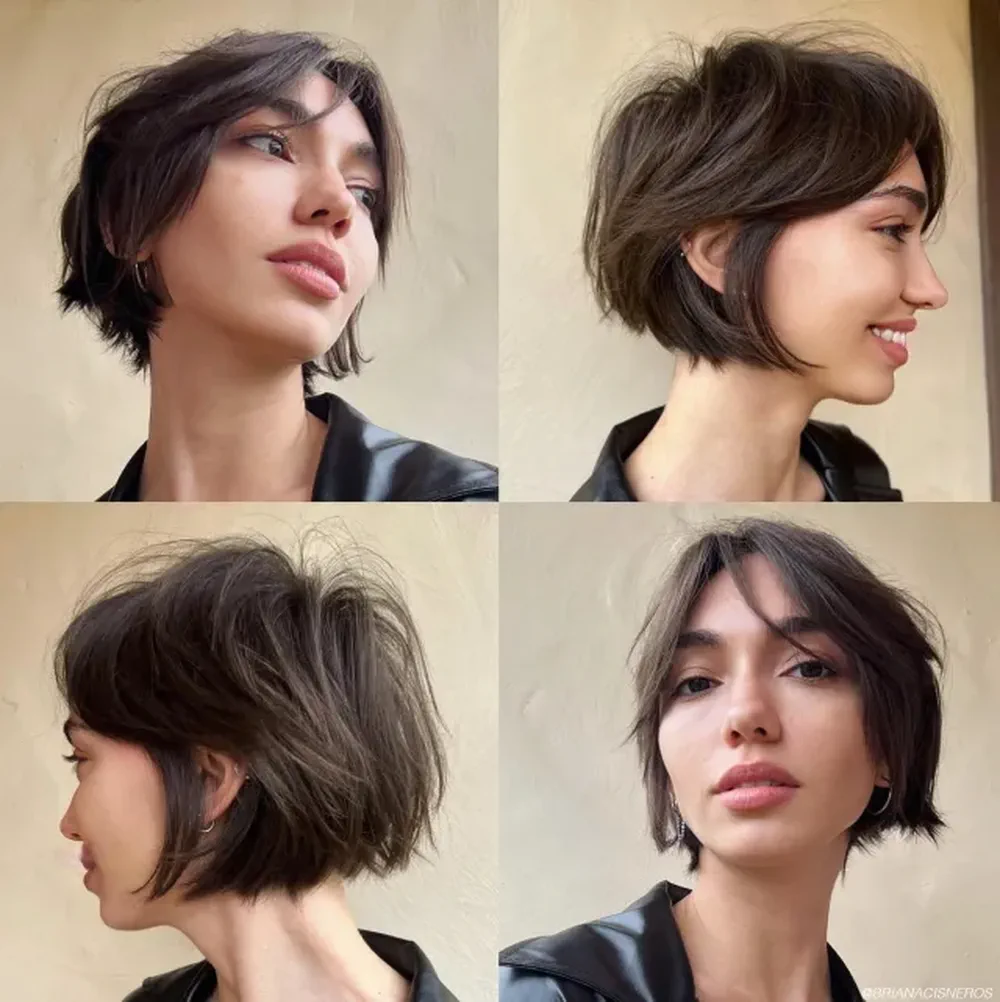 Cuatro tomas de una mujer con peinado corto y campera negra vista desde distintos ángulos.