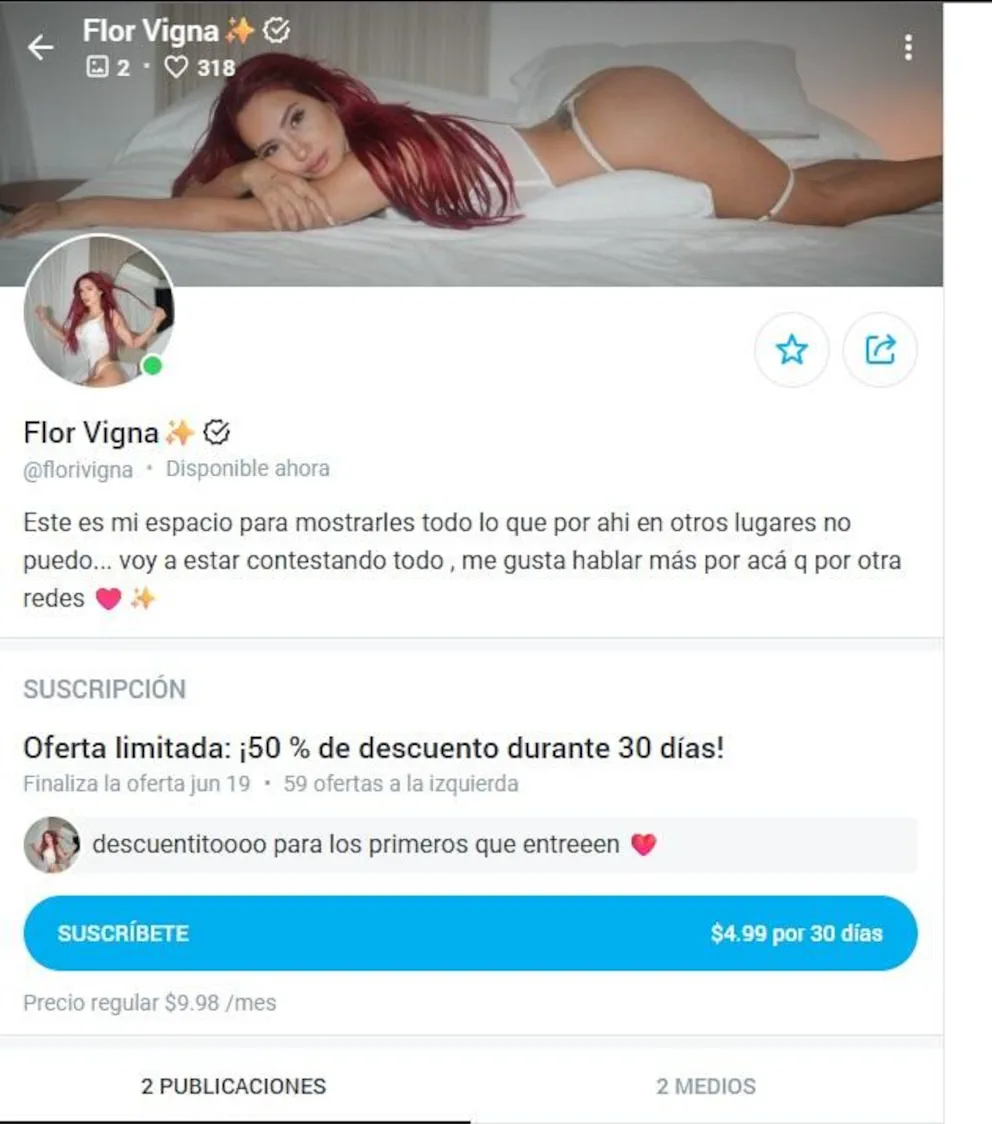 Captura de pantalla del perfil de Flor Vigna en una plataforma de suscripción de contenido con fotos y texto.