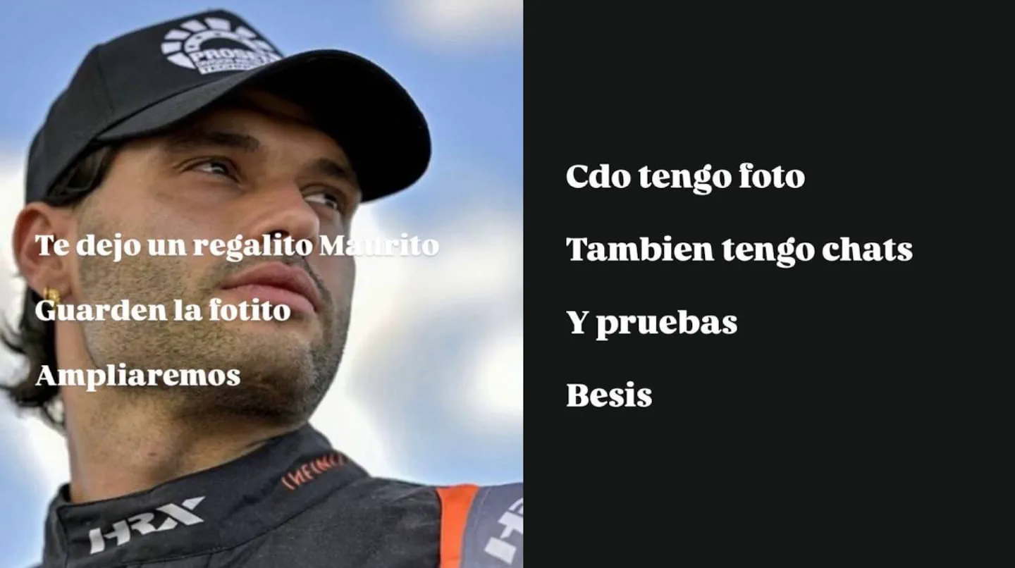 Un hombre con gorra y traje de piloto mira hacia un costado junto a varios textos sobre fondo oscuro.