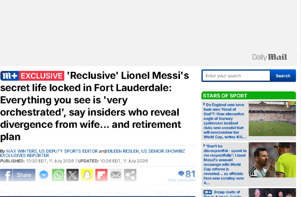 Una captura de una nota periodística digital en inglés incluye un titular sobre Lionel Messi.