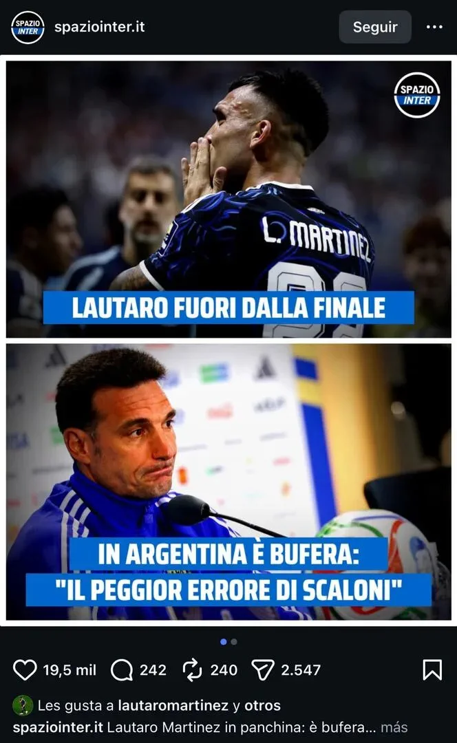 Captura de Instagram que muestra a Lautaro Martínez de espaldas y a Lionel Scaloni en conferencia de prensa.