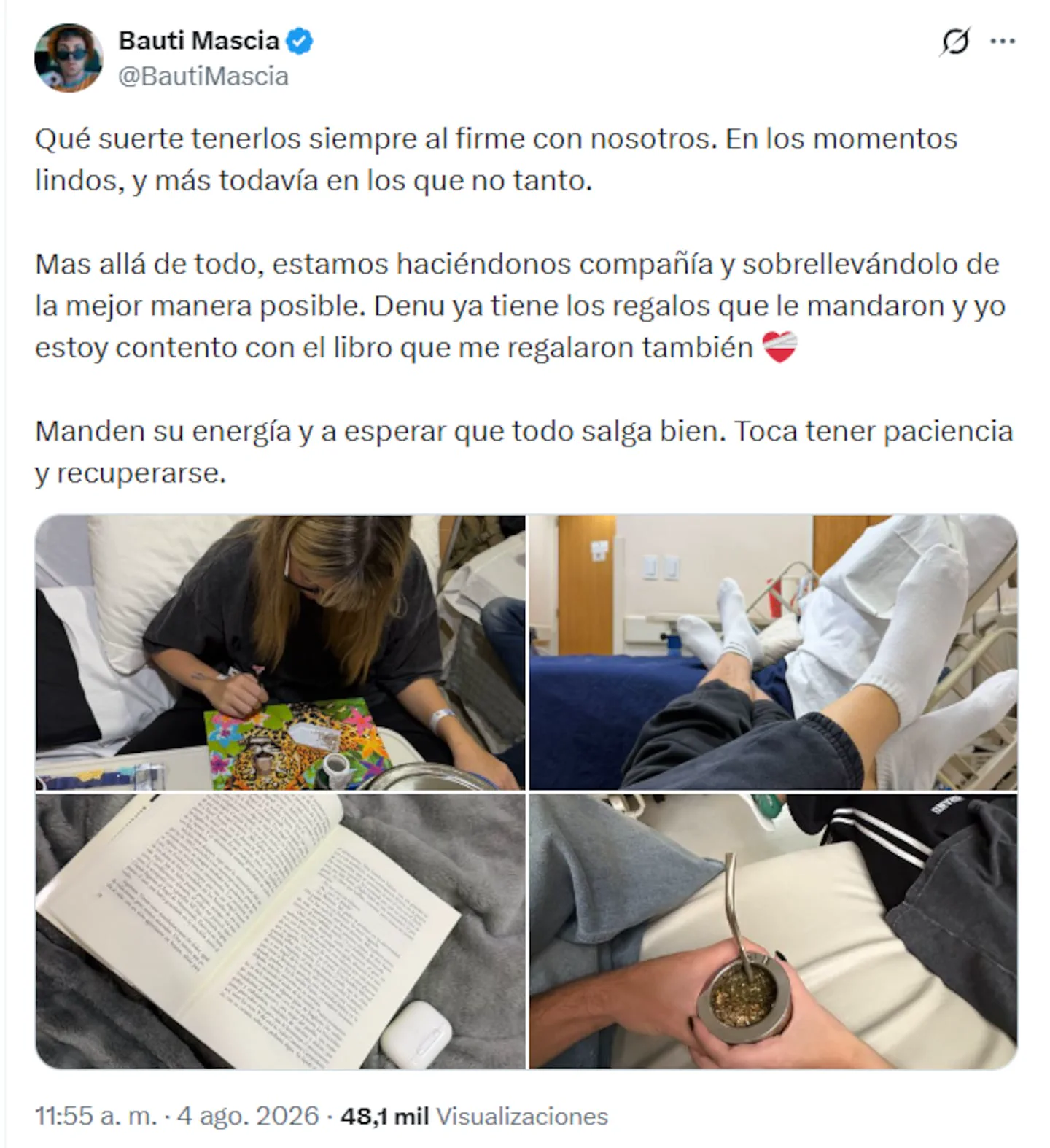 Captura de un posteo de X con texto y un collage de cuatro imágenes en un cuarto de hospital.