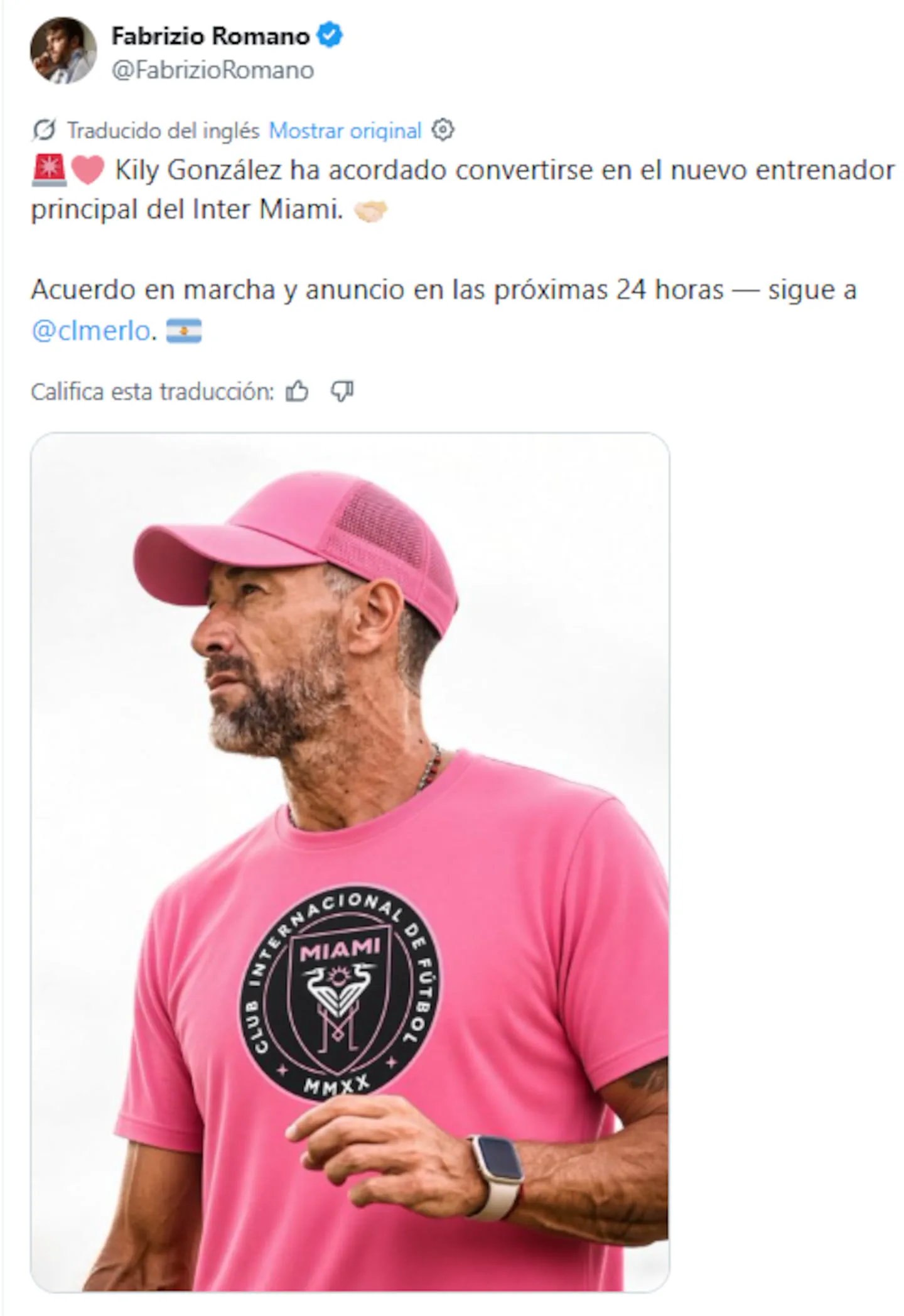 Captura de un tuit de Fabrizio Romano junto a una imagen del Kily González con gorra y remera rosa del Inter Miami.