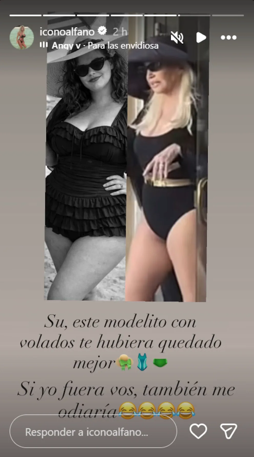 Captura de una historia de Instagram de Graciela Alfano comparando dos fotos en traje de baño negro.