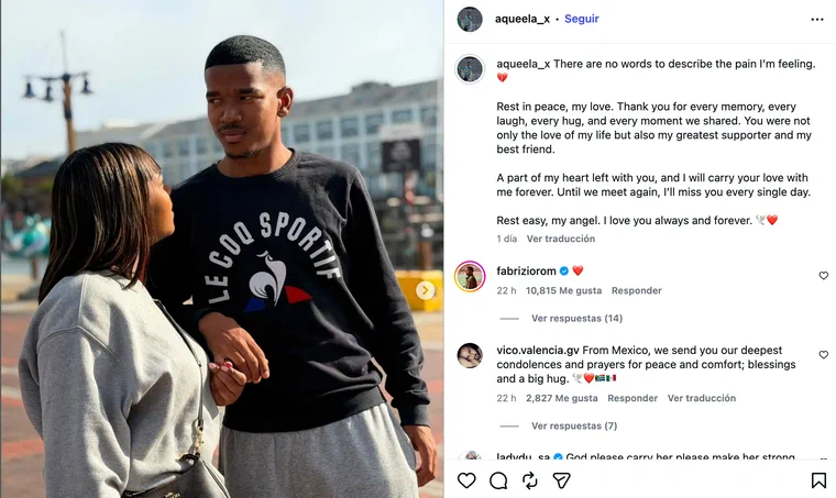 Una publicación de redes sociales muestra a una pareja al aire libre acompañada de un texto.