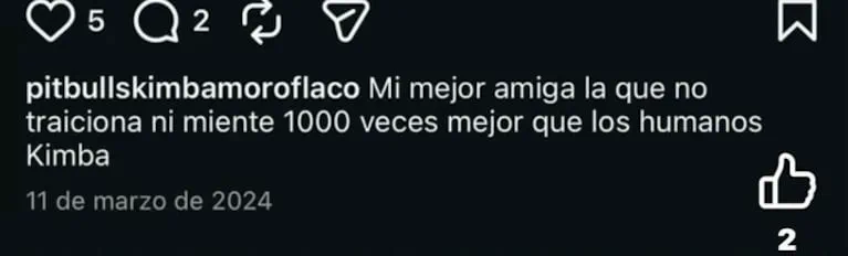 Una captura de pantalla de una publicación en redes sociales con fondo oscuro y texto sobre una mascota.