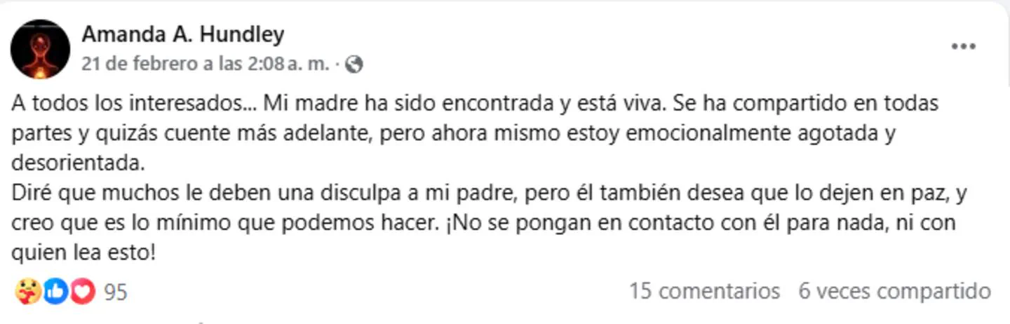 Captura de una publicacion de Facebook de Amanda A. Hundley informando que hallaron a su madre.
