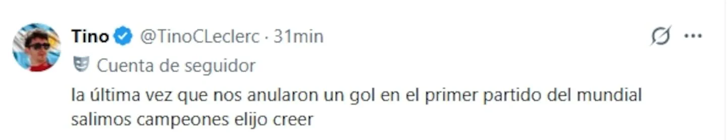 Captura de pantalla de una publicación en la red social X de la cuenta Tino con un texto sobre la Selección argentina.