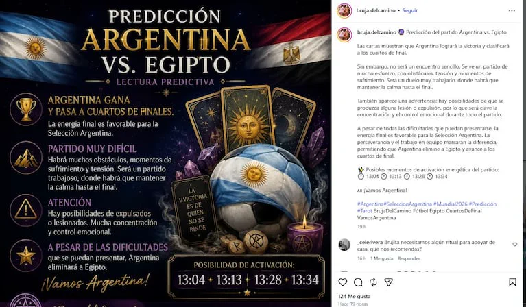 Una captura de pantalla de Instagram muestra una placa con una predicción astrológica para el partido Argentina contra