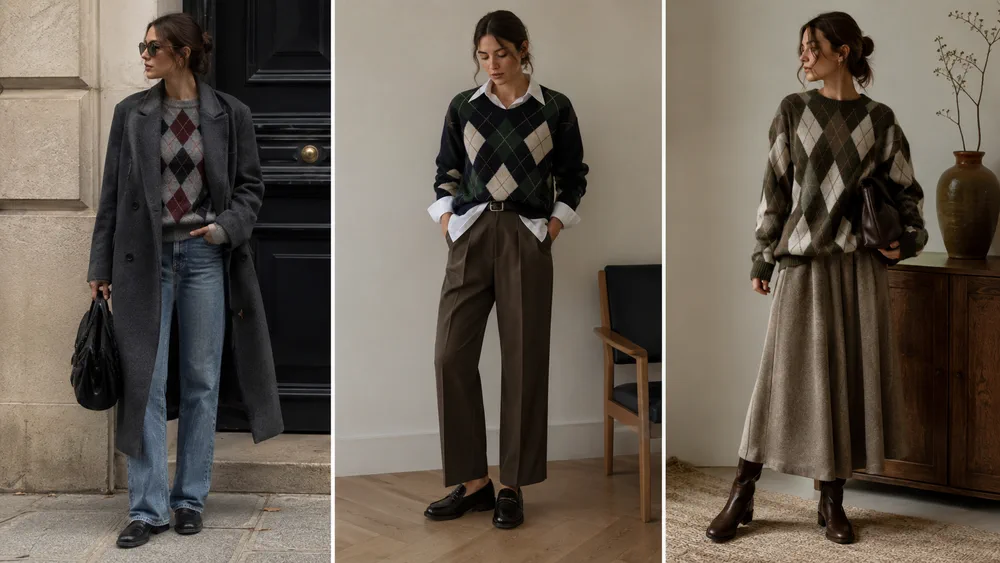 Una mujer modela tres conjuntos de ropa de invierno con suéteres de rombos.