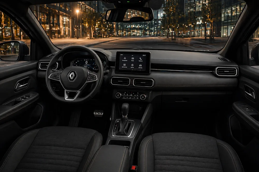 Interior del habitáculo de un auto Renault con tablero digital, pantalla multimedia y volante multifunción.