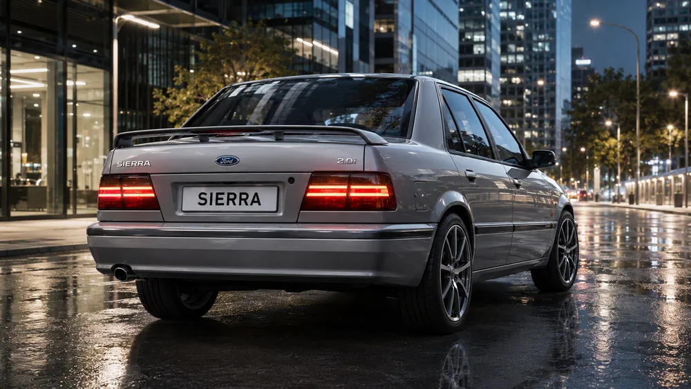 La parte trasera de un auto Ford Sierra gris sobre el asfalto mojado de una calle urbana nocturna.