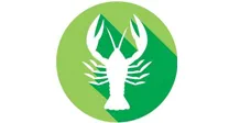 Ilustración blanca de un cangrejo o langosta dentro de un círculo verde claro.