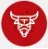 Círculo rojo con el dibujo en líneas blancas de la cabeza de un toro con una letra T en la frente.