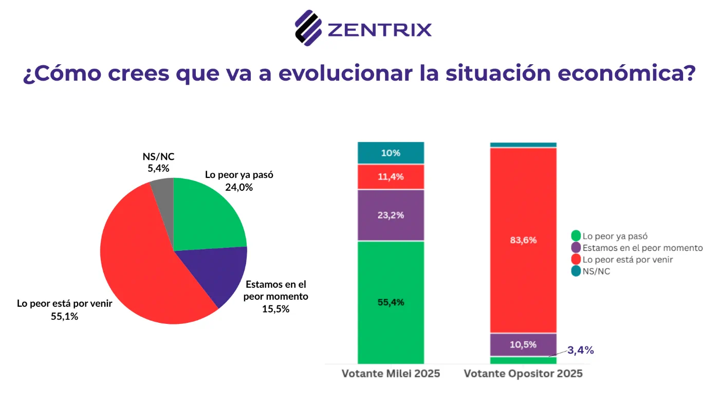 Un gráfico de torta y dos de barras apiladas sobre la evolución de la situación económica.