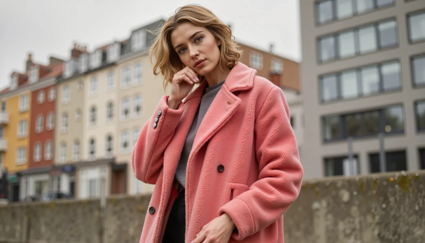 Una mujer rubia con tapado rosa posa en la calle frente a edificios.