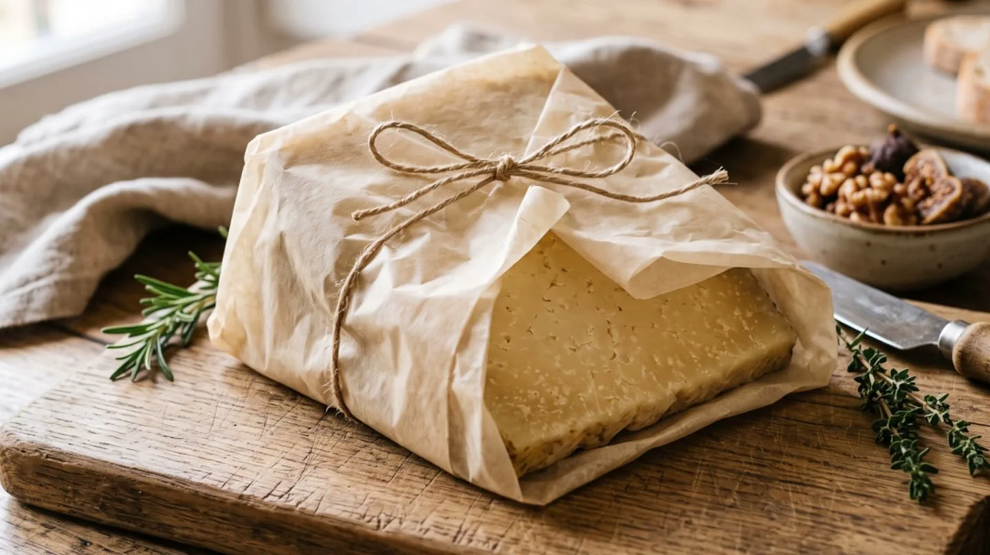 Pedazo de queso envuelto en papel de madera atado con hilo sobre una tabla de madera junto a unas hierbas.
