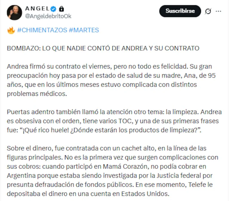 Captura de un tuit de Ángel de Brito con texto sobre un contrato de Andrea del Boca.