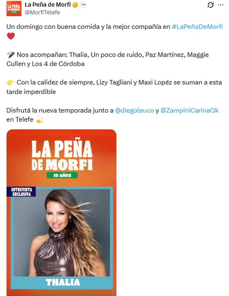 Captura de un tuit del programa La Peña de Morfi anunciando invitados, con una placa de Thalía abajo.