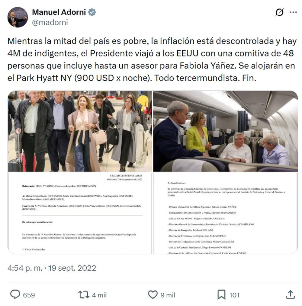Un tuit de Manuel Adorni con fotos del presidente Alberto Fernández y documentos oficiales.