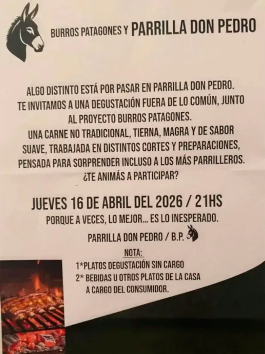 Un volante impreso promociona una degustacion gastronomica de carne de burro patagonico en una parrilla.