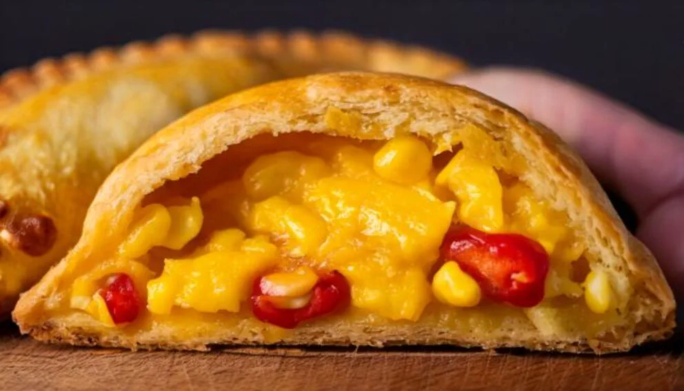Empanada cortada al medio que deja ver un relleno amarillo con granos de choclo y trozos rojos.