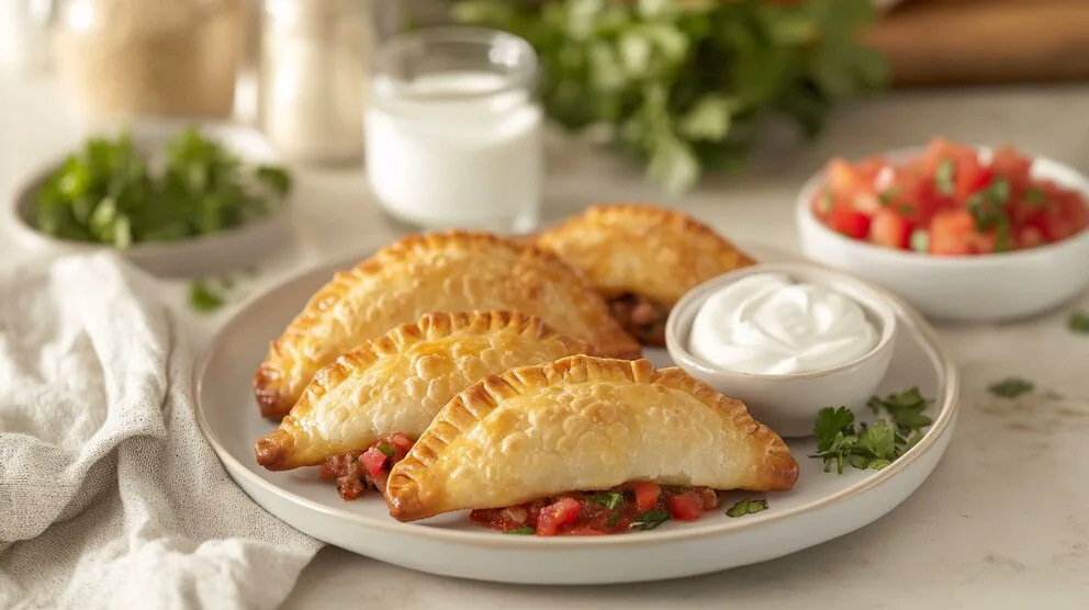 Tres empanadas doradas sobre un plato con salsa y un pocillo de crema blanca.