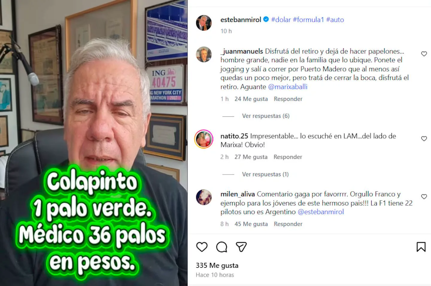 El periodista Esteban Mirol aparece en una captura de pantalla de una publicación de redes sociales con comentarios al lado.