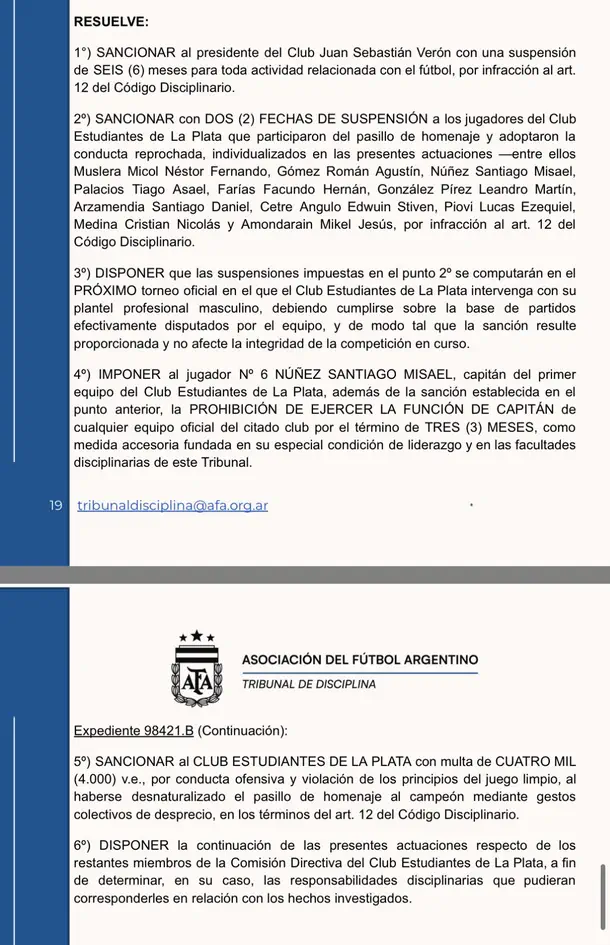 Extrema sanción de la AFA a jugadores de Estudiantes y a Juan Sebastián Verón
