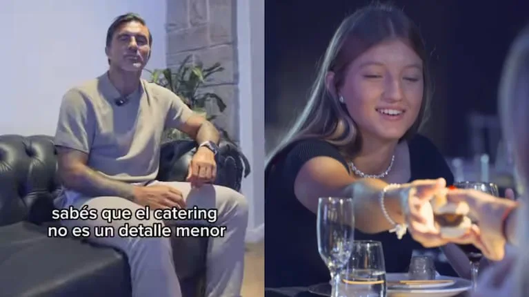 Fabián Cubero sentado en un sillón y a la derecha su hija Indiana Cubero recibiendo un canapé en una mesa.