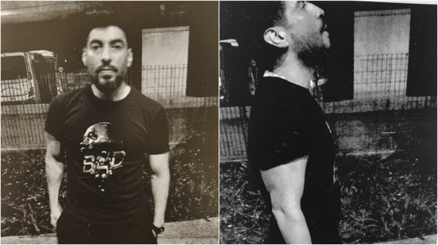 Foto partida en blanco y negro de un hombre con barba y remera oscura, de frente y de perfil.