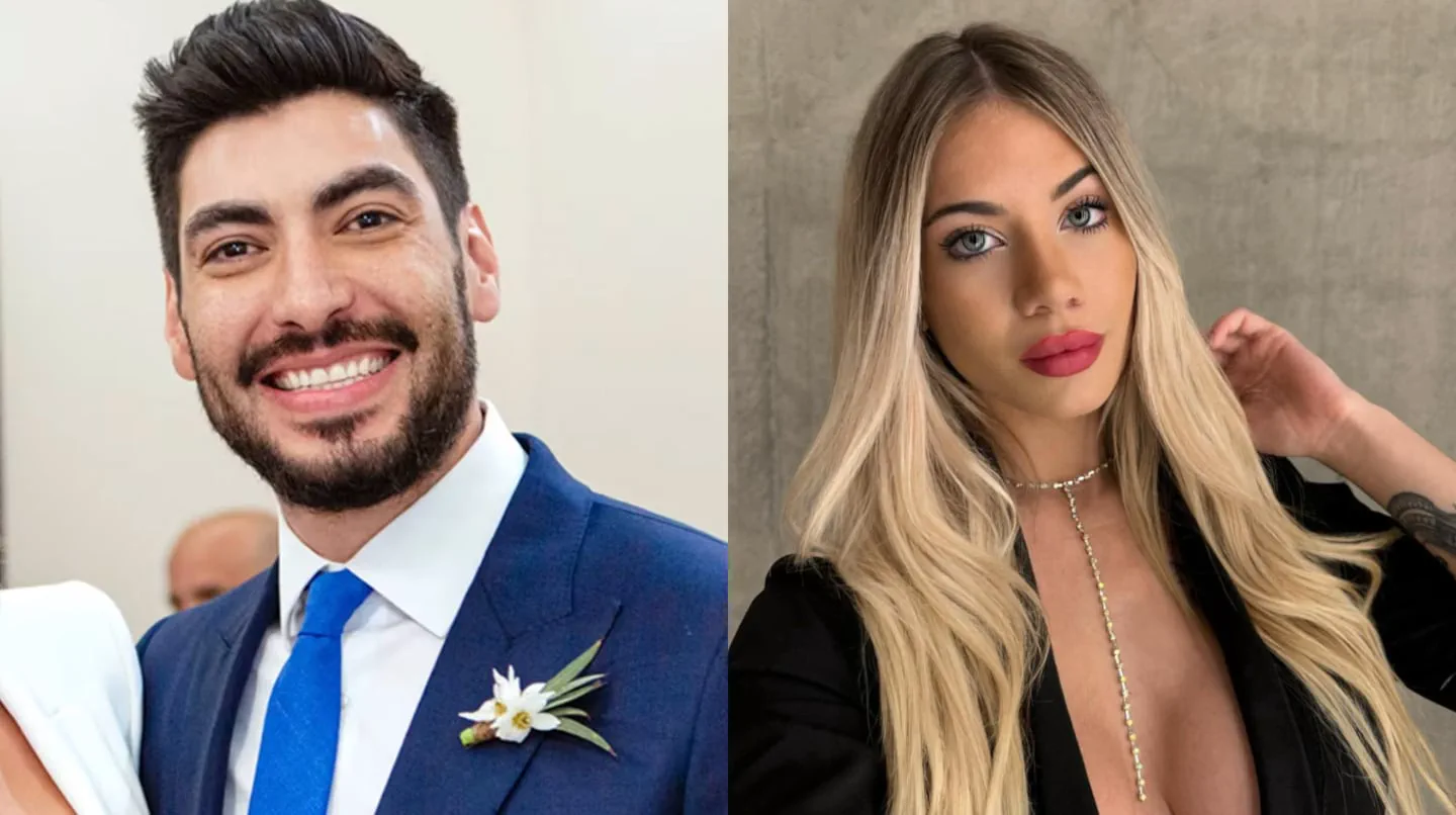 Retratos yuxtapuestos de Facundo Moyano sonriendo de traje y una joven rubia maquillada de blazer negro.