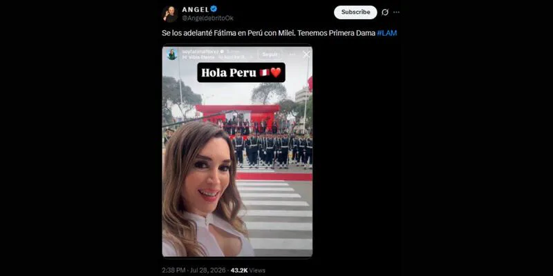 Una captura de una publicacion de redes sociales muestra a una mujer rubia sonriendo frente a un desfile militar.