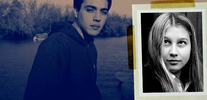 Un joven de campera con capucha junto a la fotografía de una joven enmarcada tipo polaroid.