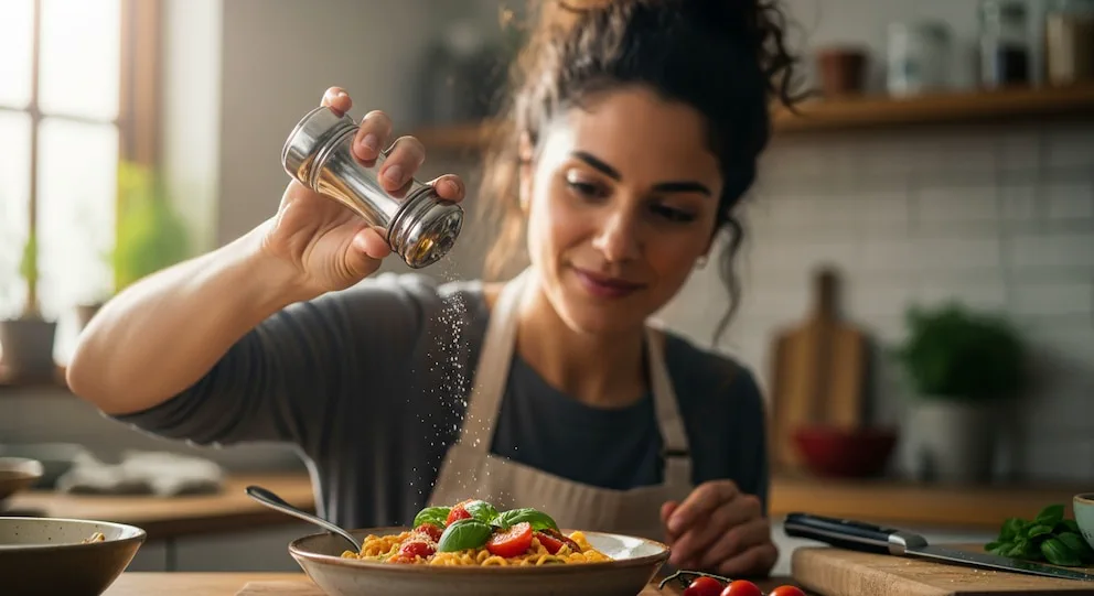 Mujer con delantal echando sal con un salero sobre un plato de fideos con tomate y albahaca.
