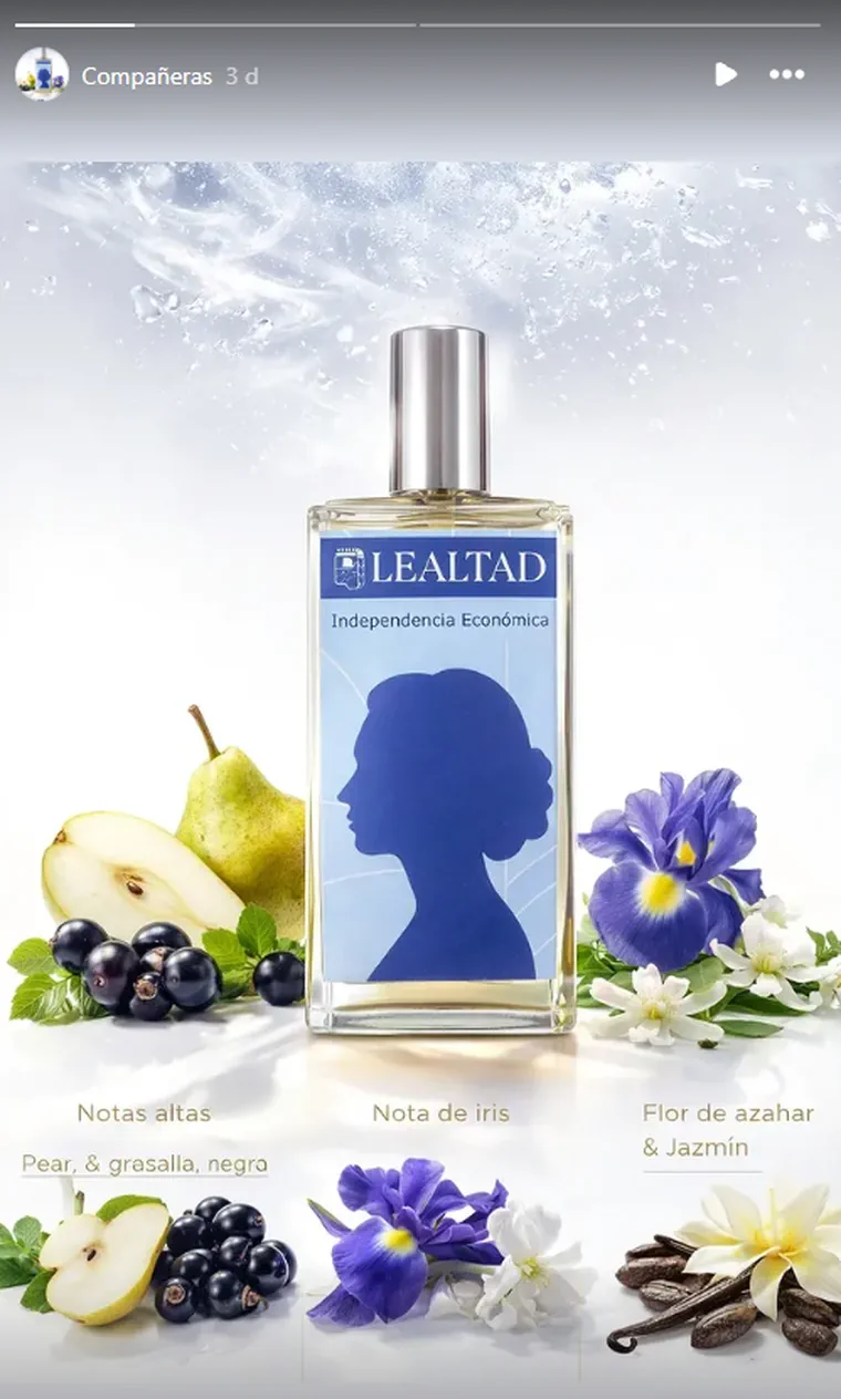 Un frasco de perfume Lealtad rodeado de peras, grosellas negras, flores de iris, jazmines y vainas de vainilla.