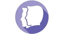 Ilustración blanca de dos perfiles masculinos superpuestos dentro de un círculo violeta.