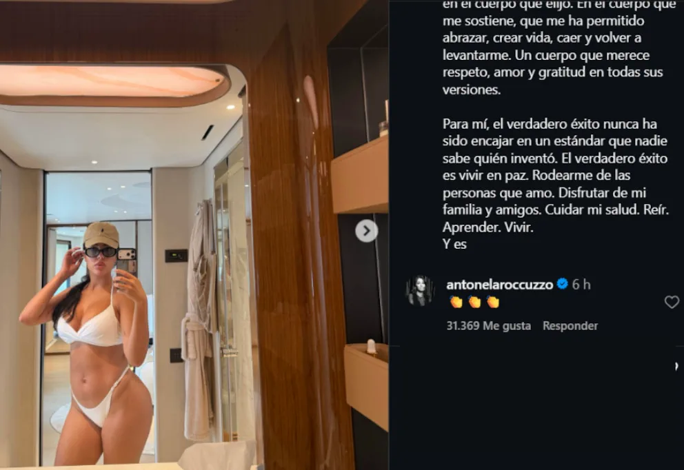 Georgina Rodríguez se saca una foto frente al espejo en bikini blanca, junto a un texto y un comentario de Instagram.